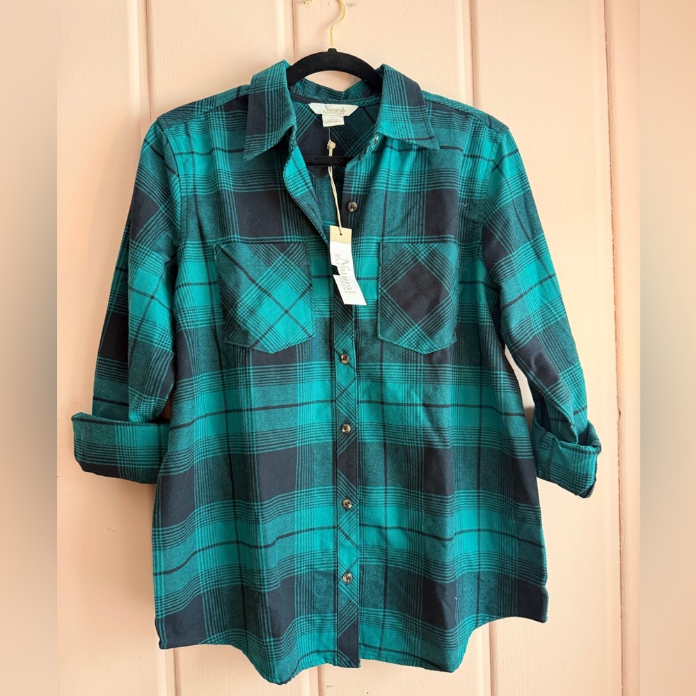 Natural Reflections Teal and Black Plaid Flannel Shirt SzM